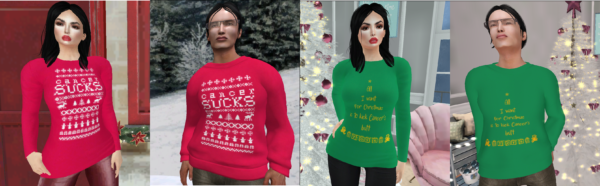 The four Nanci's Naughties sweaters that will be available exclusively at the 2019 SL Christmas Expo