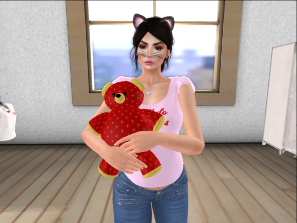Me holding Strawberry Linden's official Linden Bear.